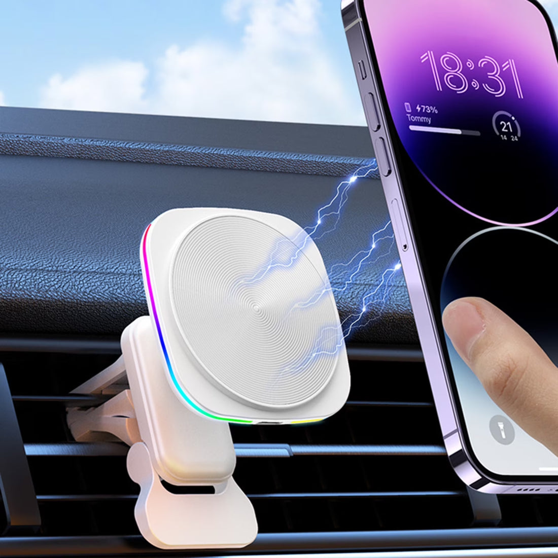15W Magnetic Wireless Car Charger with RGB Ambient Light, Fast Charging Car Mount Phone Holder with 360° Rotation, Strong Adsorption Air Vent Clip for Iphone Samsung Android